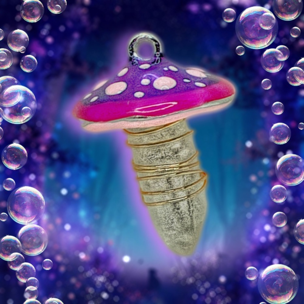 Hand Blown Glass Mushroom Pendant w/ Quartz Crystal & Wire Wrap Boho Jewelry